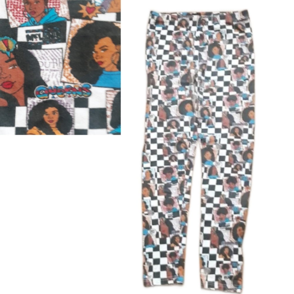On Fire Queens Graphic Print Leggings - Size Large Checkerboard Leggings